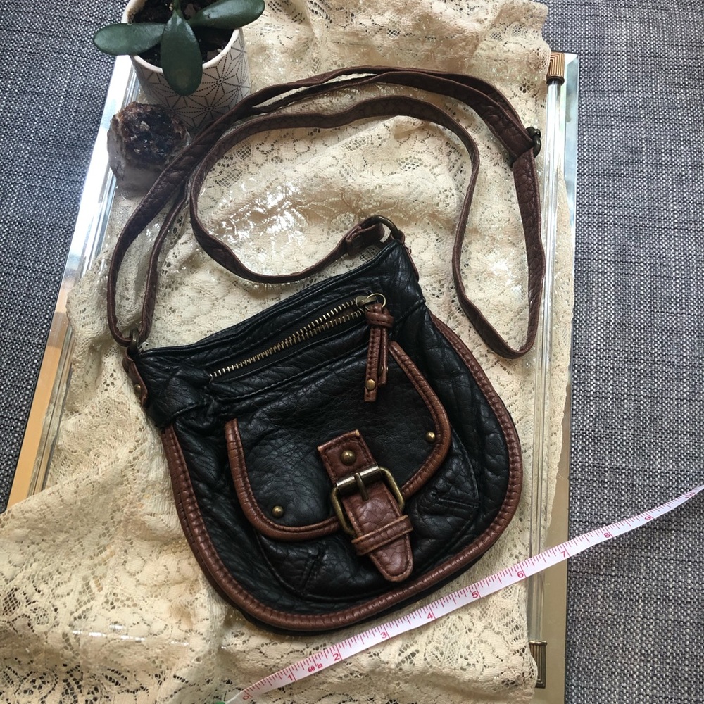 Black and brown, faux leather, cross body.